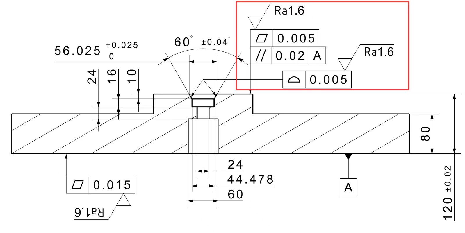 Engineering drawing with GD&T callout highlighting 0.005 mm flatness tolerance and Ra1.6 surface finish